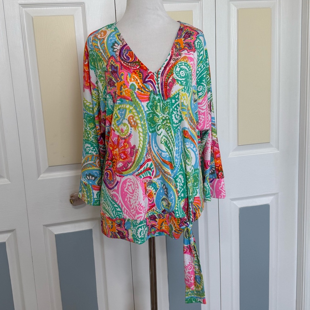 Chaus Pink Green and Blue‎ Tropical Print Tie Front 3/4 Sleeve Blouse Sz L